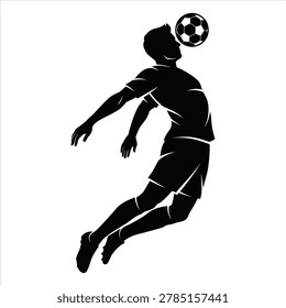Dynamic silhouette of a soccer player jumping high to perform a powerful header, perfect for sports graphics, football posters, and athletic branding.