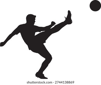 Dynamic silhouette of a soccer player in mid-air kicking a ball with powerful motion isolated on white background