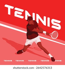 Dynamic silhouette of a tennis player in action, set against a bold red half-color background. Perfect for sports-themed designs, conveying energy, movement, and athleticism.