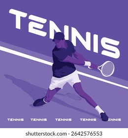 Dynamic silhouette of a tennis player in action, set against a bold purple half-color background. Perfect for sports-themed designs, conveying energy, movement, and athleticism.