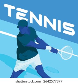Dynamic silhouette of a tennis player in action, set against a bold blue half-color background. Perfect for sports-themed designs, conveying energy, movement, and athleticism.