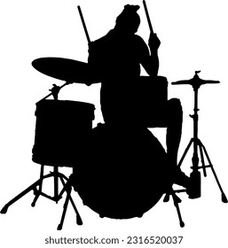 Dynamic silhouette vector illustration Drum player rocking the drum set, Enhance your designs with our silhouette vector illustration Drum player playing the set