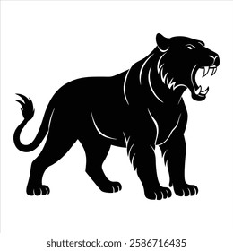 A dynamic silhouette vector illustration of the extinct saber-toothed tiger, showcasing its iconic long, sharp teeth and muscular build. Perfect for designs related to prehistoric creatures, wildlife 