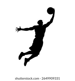 A dynamic silhouette vector showcases a basketball player in mid-air, skillfully executing a slam dunk with power and precision.