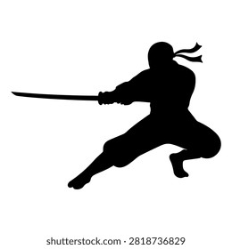 A dynamic silhouette of a warrior in a combat stance holding a sword, emphasizing strength, agility, and readiness for battle.