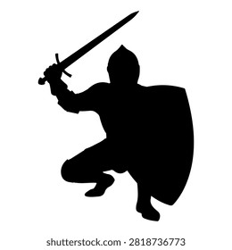 Dynamic silhouette of a warrior wielding a sword and shield, ready for battle, emphasizing strength and combat readiness in a powerful pose.