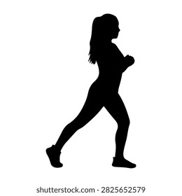 A dynamic silhouette of a woman walking forward, captured in motion with a plain white background emphasizing movement and grace.