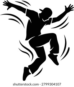 Dynamic silhouette of a young man performing a street dance move, jumping with arms wide open, captured in a high-energy pose, isolated on white background.
