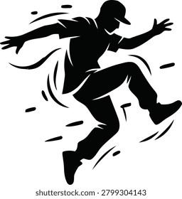 Dynamic silhouette of a young man performing a breakdance or hip hop move, featuring motion lines to convey energy and rhythm, isolated on white background.