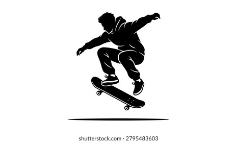 Dynamic silhouette of a young person performing a skateboarding trick, captured mid-air against a clean white backdrop. Showcasing urban sports and active lifestyle.