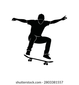 Dynamic silhouette of a youth executing a skateboarding maneuver mid-air. Ideal for sports and lifestyle promotions.