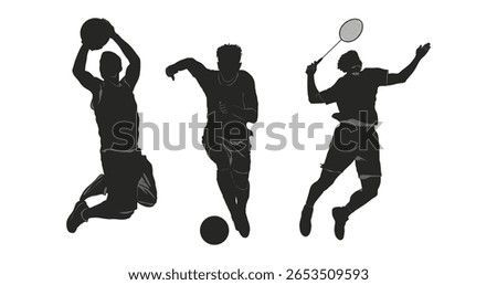Dynamic silhouettes of athletes performing basketball, soccer, and badminton moves in mid-air, showcasing speed, skill, and energy in sports.