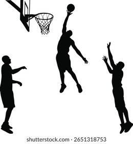 Dynamic silhouettes of basketball players during a game.