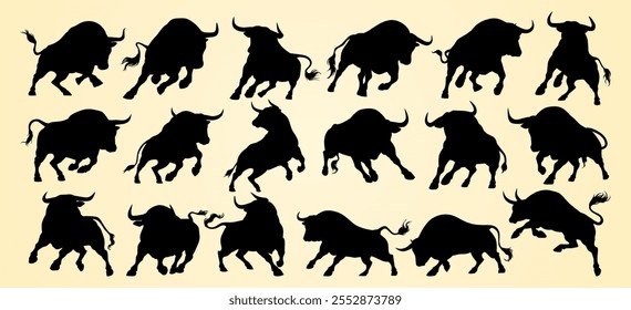 Dynamic silhouettes of bulls in various powerful and aggressive stances, showcasing strength.