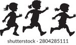 Dynamic silhouettes capturing the joyful movement of three small girls running with enthusiasm and open mouths, perfect for illustrating childhood play.