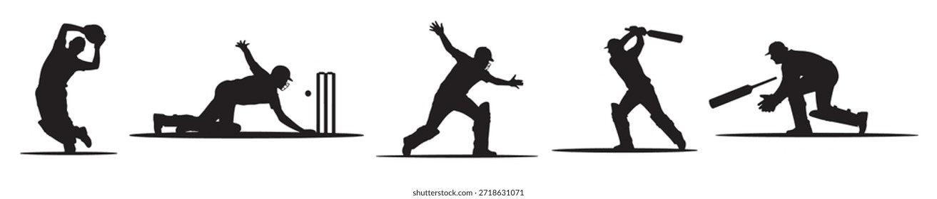 Siluetas dinámicas de jugadores de cricket en acción en un blanco