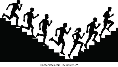 Dynamic silhouettes depict a group of runners navigating a V-shaped staircase, embodying relentless pursuit and physical endurance.