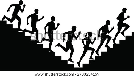 Dynamic silhouettes depict a group of runners navigating a V-shaped staircase, embodying relentless pursuit and physical endurance.