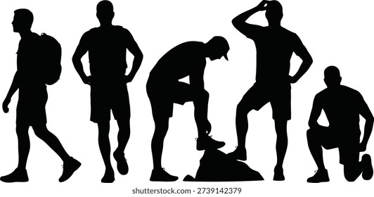Dynamic silhouettes of five men engaged in various activities like hiking, preparing for a run, or simply standing.