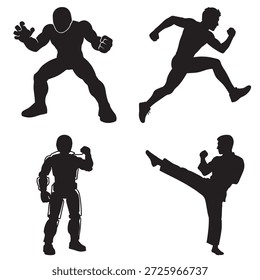 Dynamic silhouettes of men showcasing various athletic and combat poses on a white background

