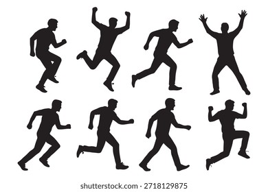 Dynamic silhouettes of men in various running, jumping, and energetic poses