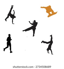 Dynamic silhouettes showcase professional snowboarder jumping high in air alongside breakdancer spinning on one hand plus martial artist kicking and urban runner moving with high speed