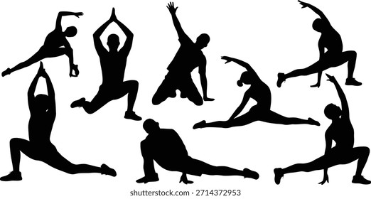 Siluetas dinámicas que muestran varias posturas de yoga y estiramiento para la forma física, la flexibilidad y la actividad física sobre un fondo blanco limpio.