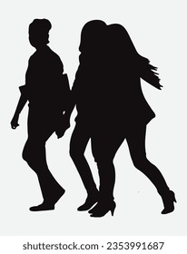 Dynamic Silhouettes of Three Energetic Girls Engaged in Brisk Conversation While Walking
