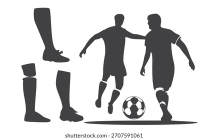 Silhuetas dinâmicas de dois jogadores de futebol envolvidos em um jogo, um com uma bola, ao lado de ilustrações de pernas separadas usando chuteiras. Representa o esporte.