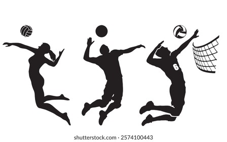 Dynamic Silhouettes, Volleyball Players in Mid-Air, A Showcase of Powerful Spikes and Precise Ball Handling during Intense Competition,