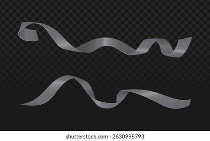 Dynamic silver ribbon swirl with metallic highlights, elegantly twisting against a transparent background. Perfect for award certificates, luxury packaging, or festive design accents with a sophistica