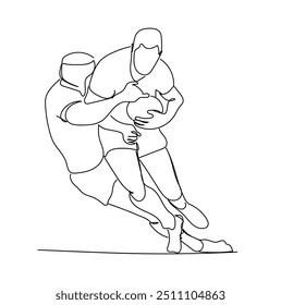Dynamic single line draw design graphic vector illustration. Sport teamwork concept. One continuous line drawing young american football player catch the ball from his teammate for competition poster 
