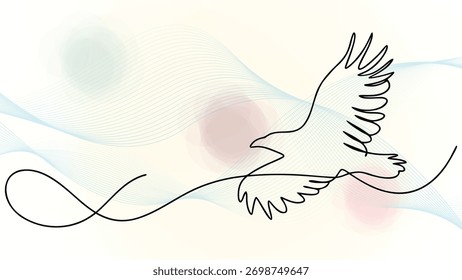 Dynamic single line drawing a flying eagle with abstract wavy elegant continuous bird flight