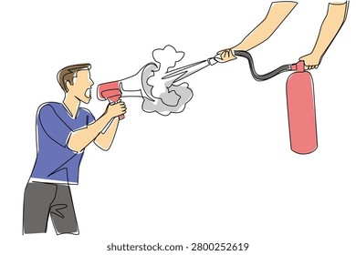 Dynamic single line drawing of a handsome young man yelling using a megaphone while being silenced by a fire extinguisher spray. A creative justice concept for Countering Hate Speech Day.