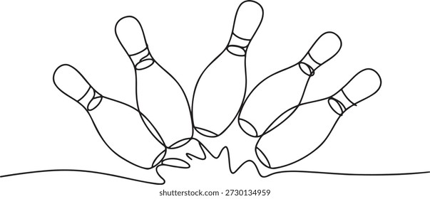 Dynamic single line illustration of bowling pins scattering after impact. Minimalist art depicting motion and action in a bowling game. Perfect for sports or recreation related designs.
