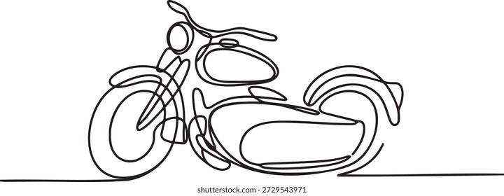 Eine dynamische, einzeilige Illustration zeigt ein Motorrad mit einer fließenden, ununterbrochenen Linie. Dieses minimalistische Kunstwerk erfasst die Essenz von Fahrzeug und Bewegung, geeignet für Designprojekte.