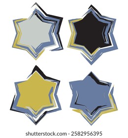 Dynamic six-pointed star frames with expressive brushstroke design. Vibrant color palette including gray, black, yellow, and blue for a modern aesthetic. Abstract style ideal for creative contemporary