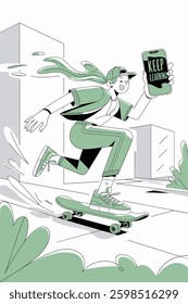 Dynamic Skateboarder Embraces Learning in an Urban Adventure - A Creative Illustration Celebrating Youth and Motivation