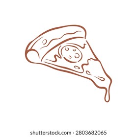 A dynamic sketch of a hot slice of pizza with gooey, melted cheese dripping from the tip. An appetizing and mouth-watering fast food hand drawn vector illustration for food advertising and menus