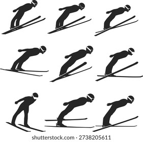 Dynamic ski jumping poses are black silhouette action poses