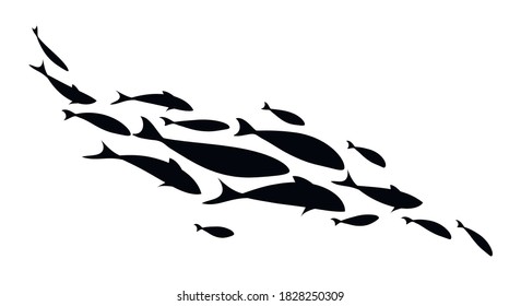 Dynamic slack flock of fish. School of fish. Logo design. Vector illustration.