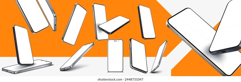 Dynamic Smartphones Showcase on Vibrant Orange Backdrop. multiple smartphones in various angles floating on an energetic orange background, ideal for modern gadget display.  3D realistic device mockup