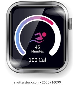 A dynamic smartwatch face designed for tracking sports activities, featuring a colorful gradient arc and swimming icon.