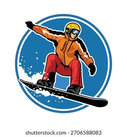 Ilustração de vetor de salto de snowboarder dinâmico em estilo de crachá