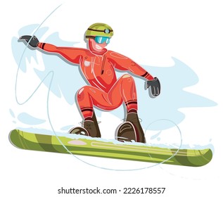 Dynamic Snowboarder Vector Illustration - Extreme Winter Sport Character in Bright Orange Gear, Snowboard Action on Mountain, Outdoor Adventure, and Ski Resort Activity