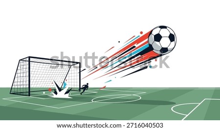 Dynamic soccer action scene showing a ball flying into the goal net with colorful trails and a player's silhouette on a green field.