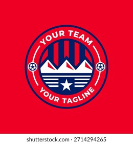 Um emblema de futebol dinâmico com três picos de montanha proeminentes como o ícone central.