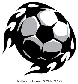 Bola de futebol dinâmica envolta em chamas estilizadas, simbolizando velocidade, energia e ação esportiva intensa.