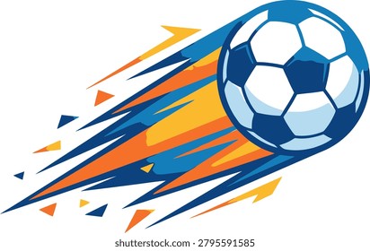  Dynamic soccer ball flying with fire trail vector, fast football motion with orange and blue flames, athletic sports competition graphic