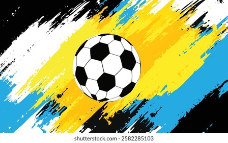 Dynamic soccer ball illustration with vibrant abstract brushstroke background capturing energy and motion on a playful sportive design